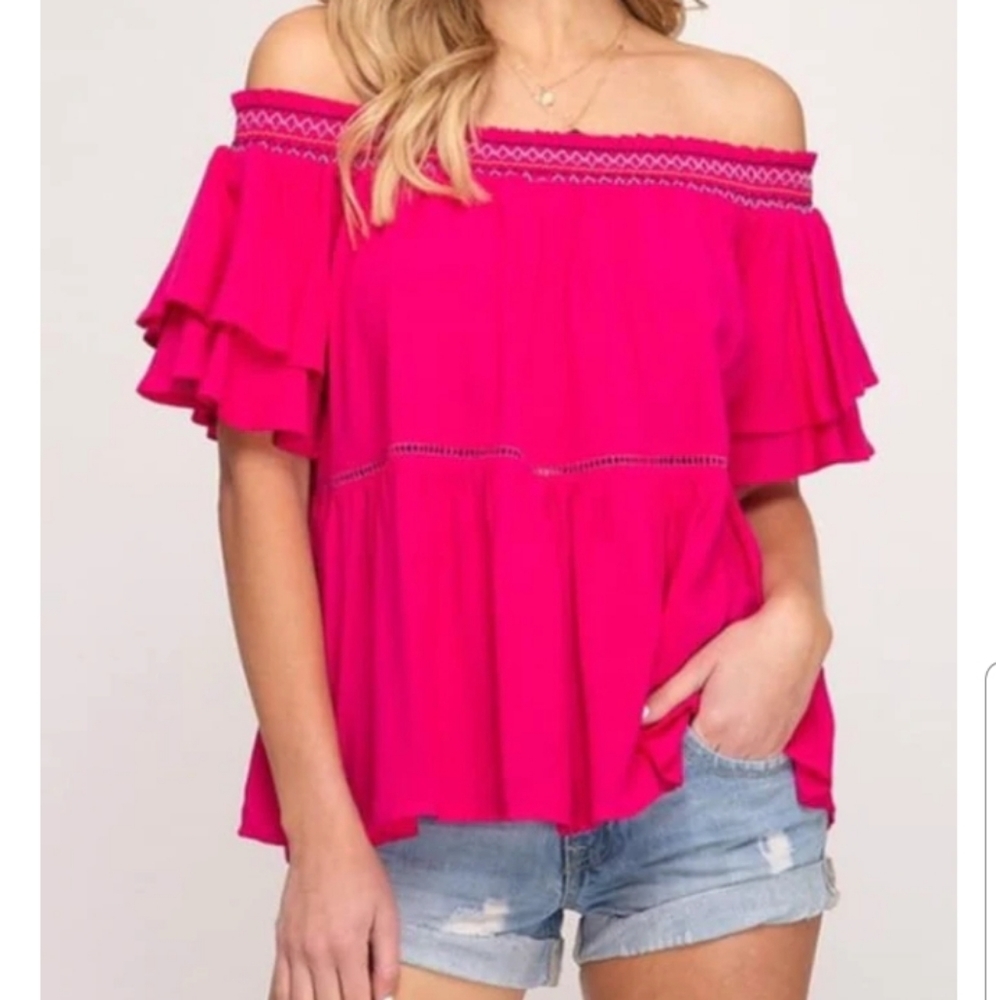 She + Sky Pink Off The Shoulders Flowy Sleeves top